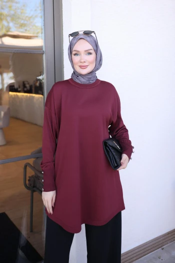 Bordo Kol Düğmeli Soğuk İplik Triko Tunik