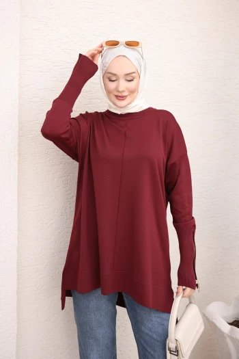 Bordo Kol Fermuarlı Soğuk İplik Triko Tunik