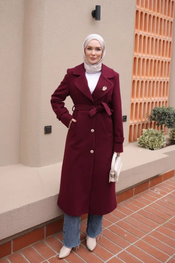 Bordo Kravuze Yaka Astarlı Kaşe Kaban