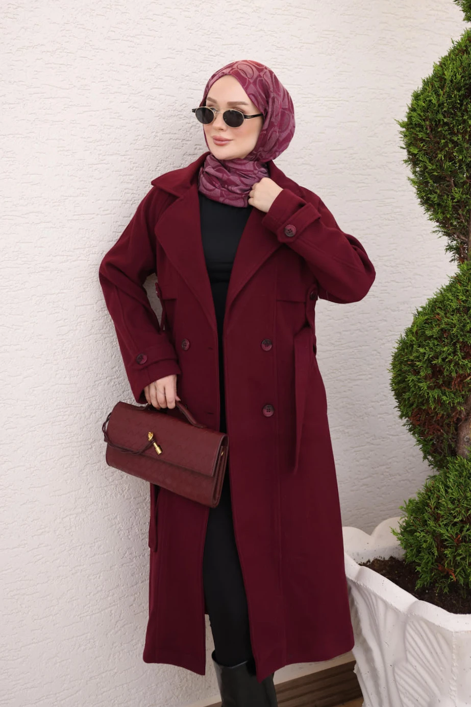 Bordo Kruvaze Yaka Astarlı Kaşe Kaban