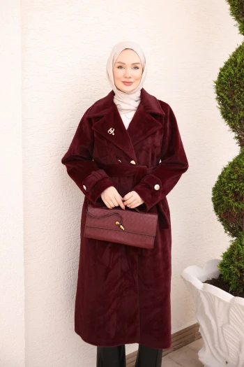 Bordo Kruvaze Yaka Astarlı Kaşe Kaban