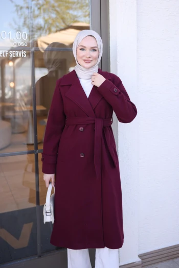 Bordo Kruvaze Yaka Astarlı Kaşe Kaban