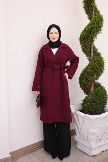 Bordo Kruvaze Yaka Astarlı Kaşe Kaban