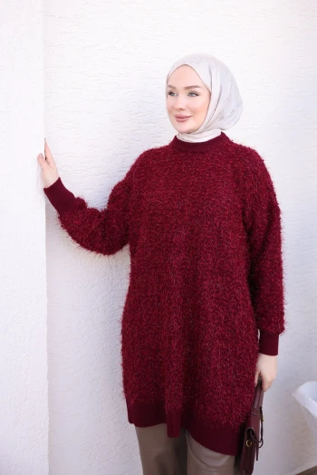 Bordo Simli Angora Yumoş Triko Tunik