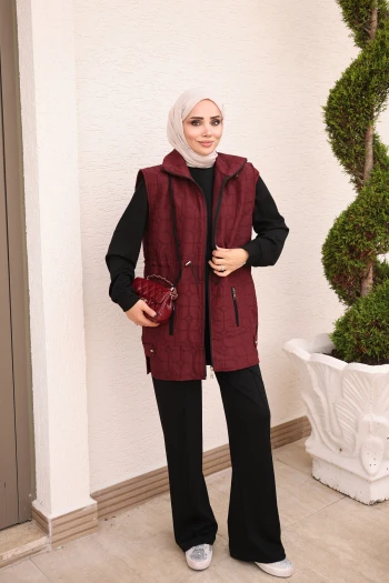 Bordo Siyah Yelek Tunik Pantolonlu Üçlü Kombin Takım