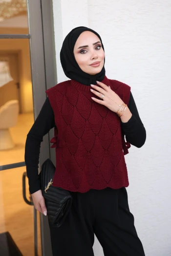 Bordo Yanları Bağlamalı Ajurlu Triko Süveter