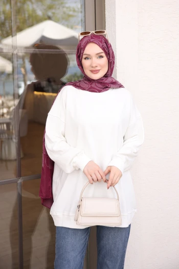 Ekru Bisiklet Yaka Oversize Basic Sweatshirt