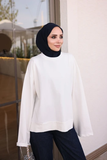 Ekru Bisiklet Yaka Oversize Modal Sweat