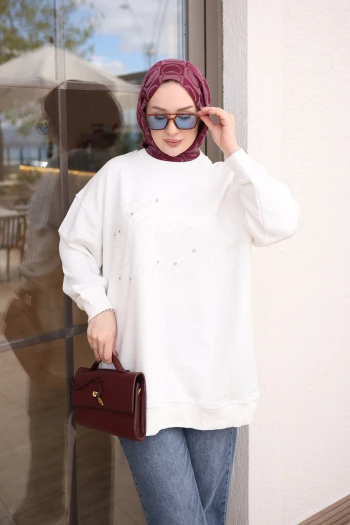 Ekru Boncuk İşlemeli İki İplik Sweatshirt