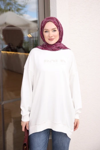 Ekru Boncuk İşlemeli İki İplik Sweatshirt