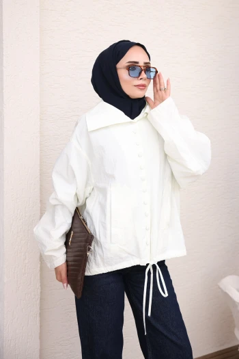 Ekru Düğmeli Astarlı Oversize Ceket