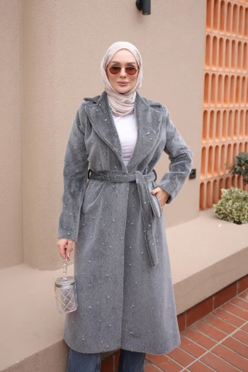 Füme Bel Kuşaklı İnci Detaylı Astarlı Kaşe Kaban