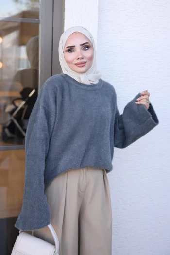 Füme Bisiklet Yaka Oversize Angora Yumoş Triko Kazak