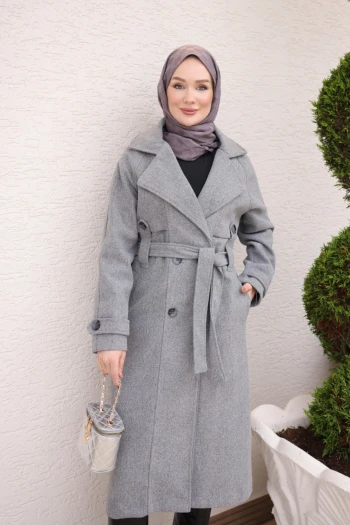 Gri Kruvaze Yaka Astarlı Kaşe Kaban
