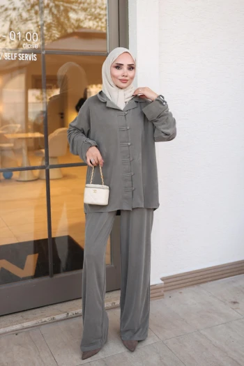 Haki Biritli Düğme Detaylı Tunik Pantolonlu Pike Modal Takım