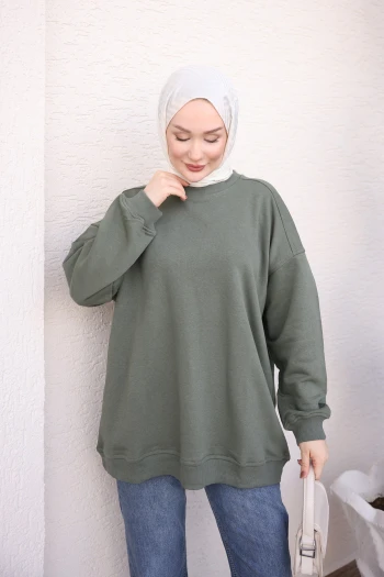 Haki Bisiklet Yaka Oversize Basic Sweatshirt