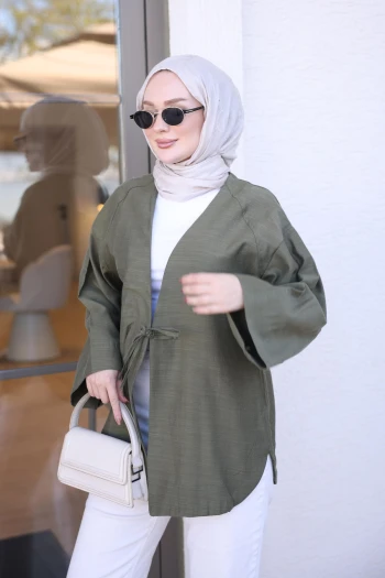 Haki Biye Düğmeli Keten Kimono