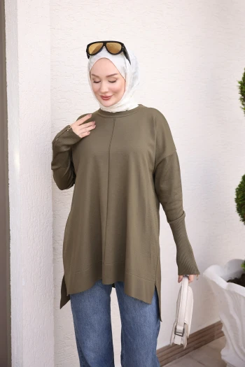 Haki Kol Fermuarlı Soğuk İplik Triko Tunik