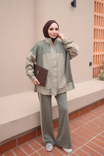 Haki Olive Garnili Tunik Pantolonlu Modal Takım