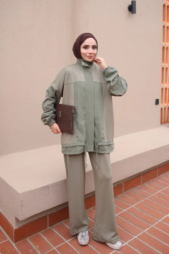 Haki Oxford Garnili Tunik Pantolonlu Takım