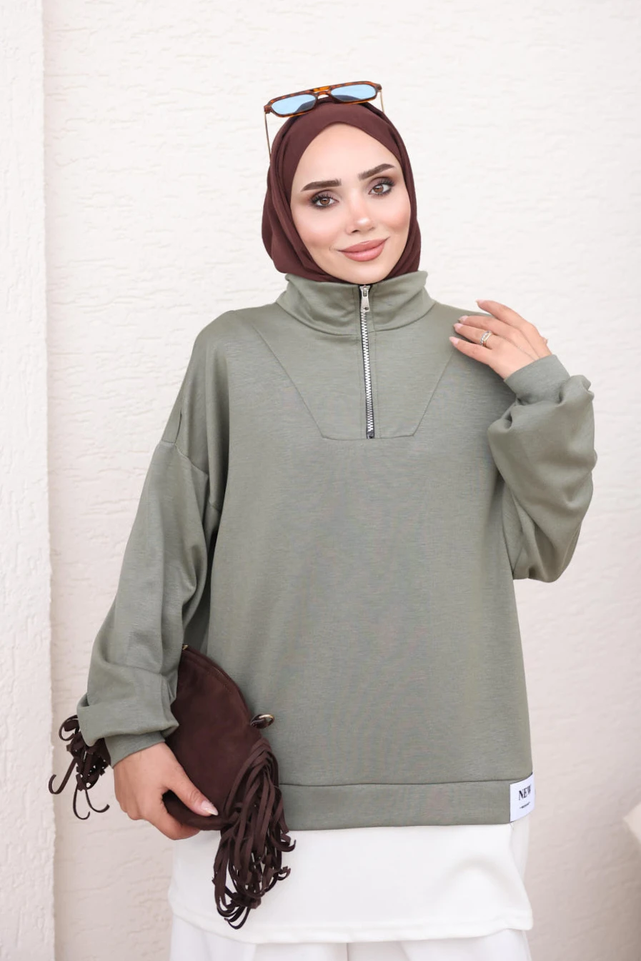 Haki Yaka Fermuarlı Modal Sweat Tunik