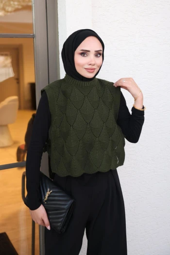 Haki Yanları Bağlamalı Ajurlu Triko Süveter