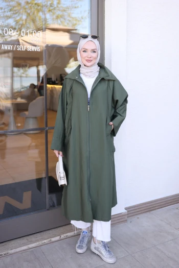 Haki Yanları Çıtçıtlı Fermuarlı Trençkot