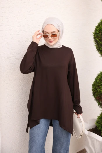 Kahverengi Asimetrik Kesim Oys Tunik