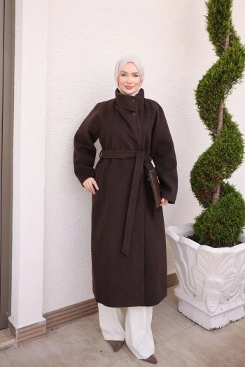 Kahverengi Bel Kuşaklı Astarlı Dik Yaka Kaşe Kaban