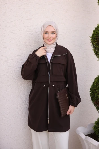 Kahverengi Bel Lastikli Fermuarlı Kap