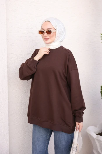 Kahverengi Bisiklet Yaka Oversize Basic Sweatshirt