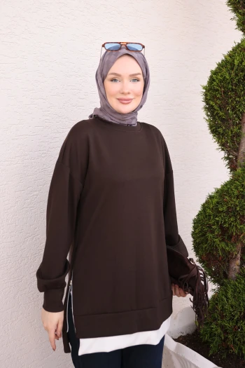 Kahverengi Bisiklet Yaka Yan Fermuarlı Oys Tunik