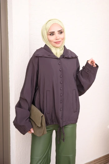 Kahverengi Düğmeli Astarlı Oversize Ceket