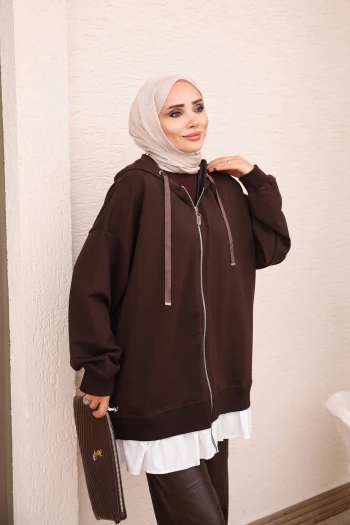 Kahverengi Etek Ucu Fırfırlı Sweat Hırka