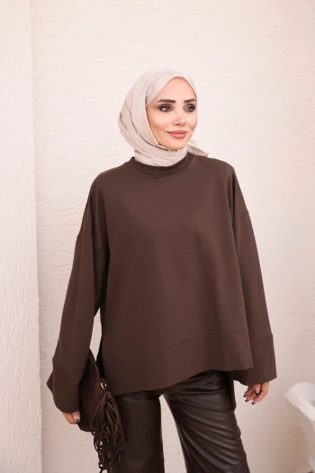 Kahverengi Geniş Kol Yırtmaçlı Modal Sweatshirt