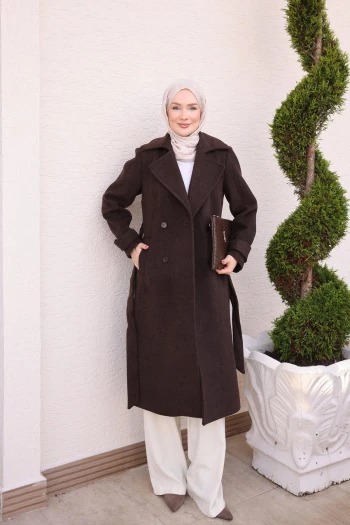 Kahverengi Kruvaze Yaka Astarlı Bel Bağlamalı Kaşe Kaban