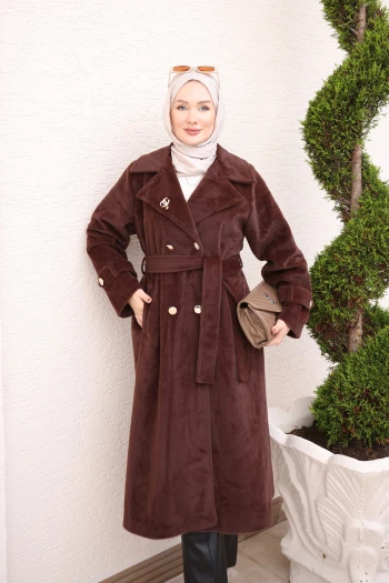 Kahverengi Kruvaze Yaka Astarlı Kaşe Kaban