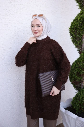 Kahverengi Simli Angora Yumoş Triko Tunik