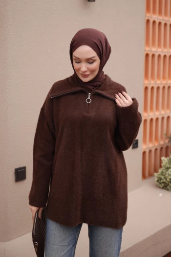 Kahverengi Yaka Fermuarlı Angora Yumoş Triko Kazak