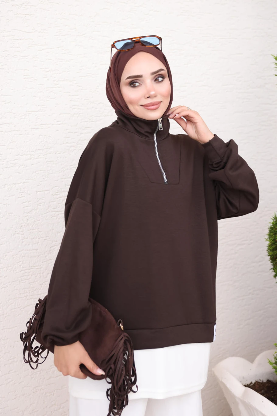 Kahverengi Yaka Fermuarlı Modal Sweat Tunik