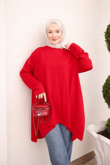 Kırmızı Asimetrik Kesim Oys Tunik