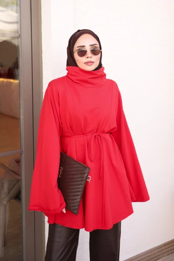 Kırmızı Bel Bağlamalı Dik Yaka Tunik