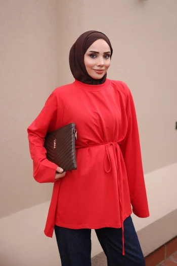 Kırmızı Bel Bağlamalı Taşlı Modal Tunik