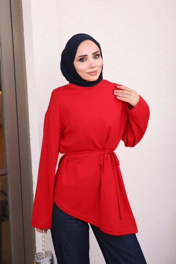 Kırmızı Bel İp Bağlamalı Asimetrik Kesim Tunik