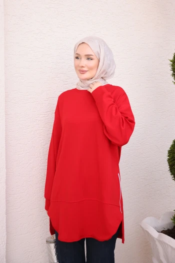 Kırmızı Bisiklet Yaka Yan Fermuarlı Oys Tunik