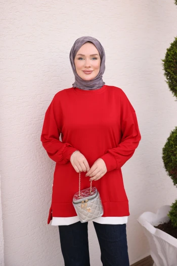 Kırmızı Bisiklet Yaka Yan Fermuarlı Oys Tunik