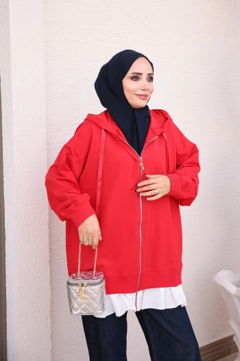 Kırmızı Etek Ucu Fırfırlı Sweat Hırka
