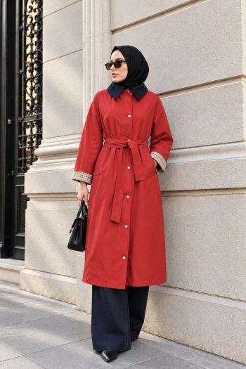 Kırmızı Fermuarlı Çıtçıtlı Kemerli Astarlı Trençkot