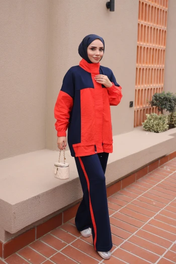 Kırmızı Lacivert Garnili Tunik Pantolonlu Modal Takım