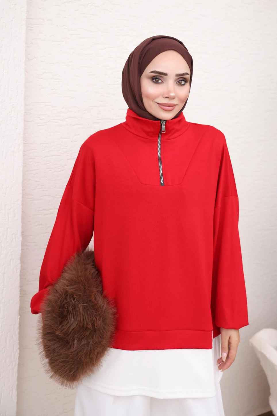 Kırmızı Yaka Fermuarlı Modal Sweat Tunik